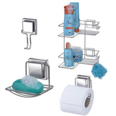 Conjunto Saboneteira Gancho Porta Papel e Porta Shampoo Banheiro